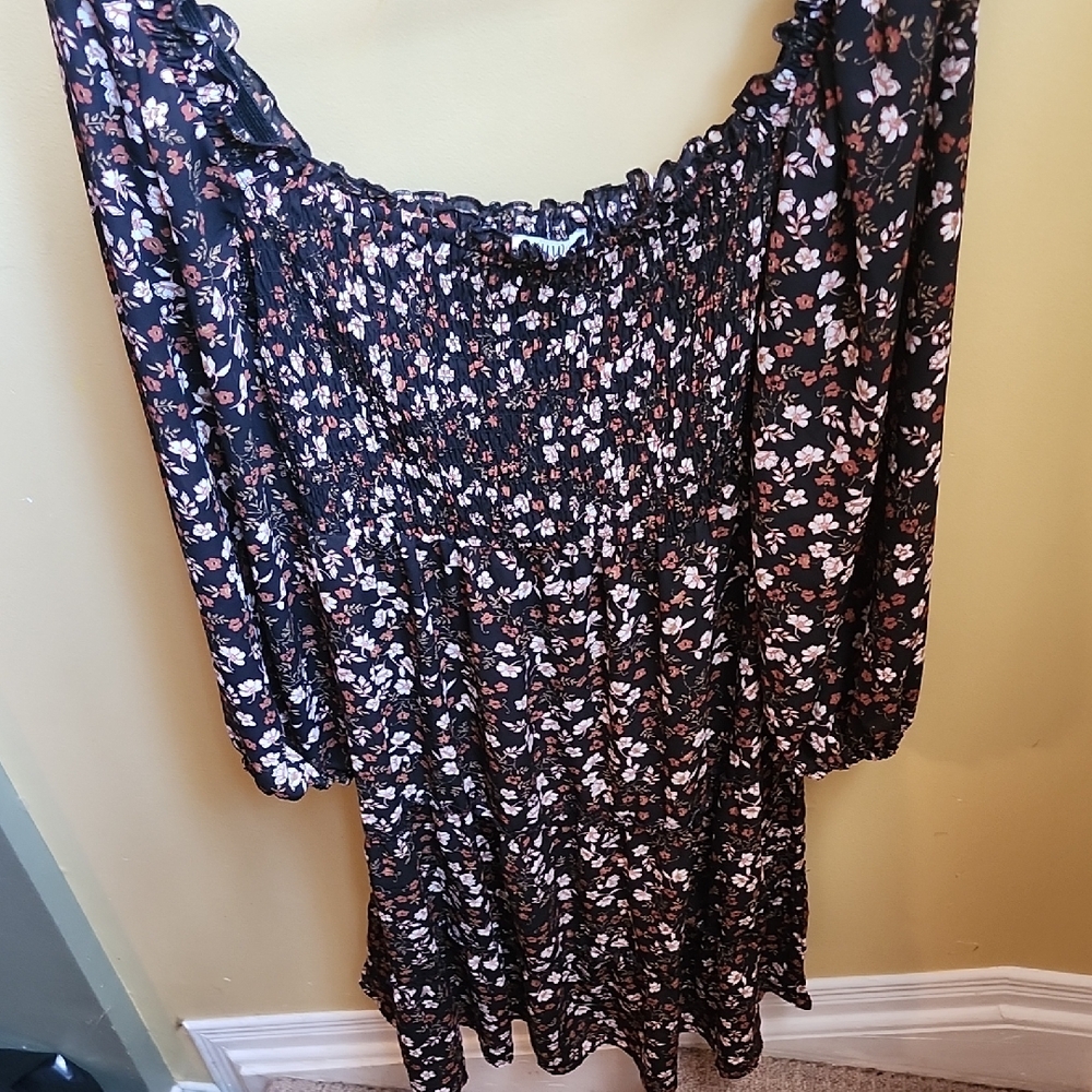 AUW Black and Creme Floral Smocked Dress